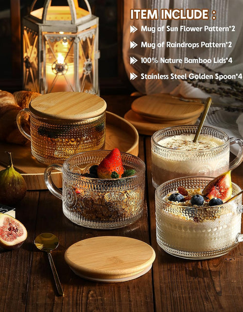 Load image into Gallery viewer, 4pcs Set Vintage Coffee Mugs gifts for women, Overnight Oats Containers with Bamboo Lids and Spoons - 14oz Clear
