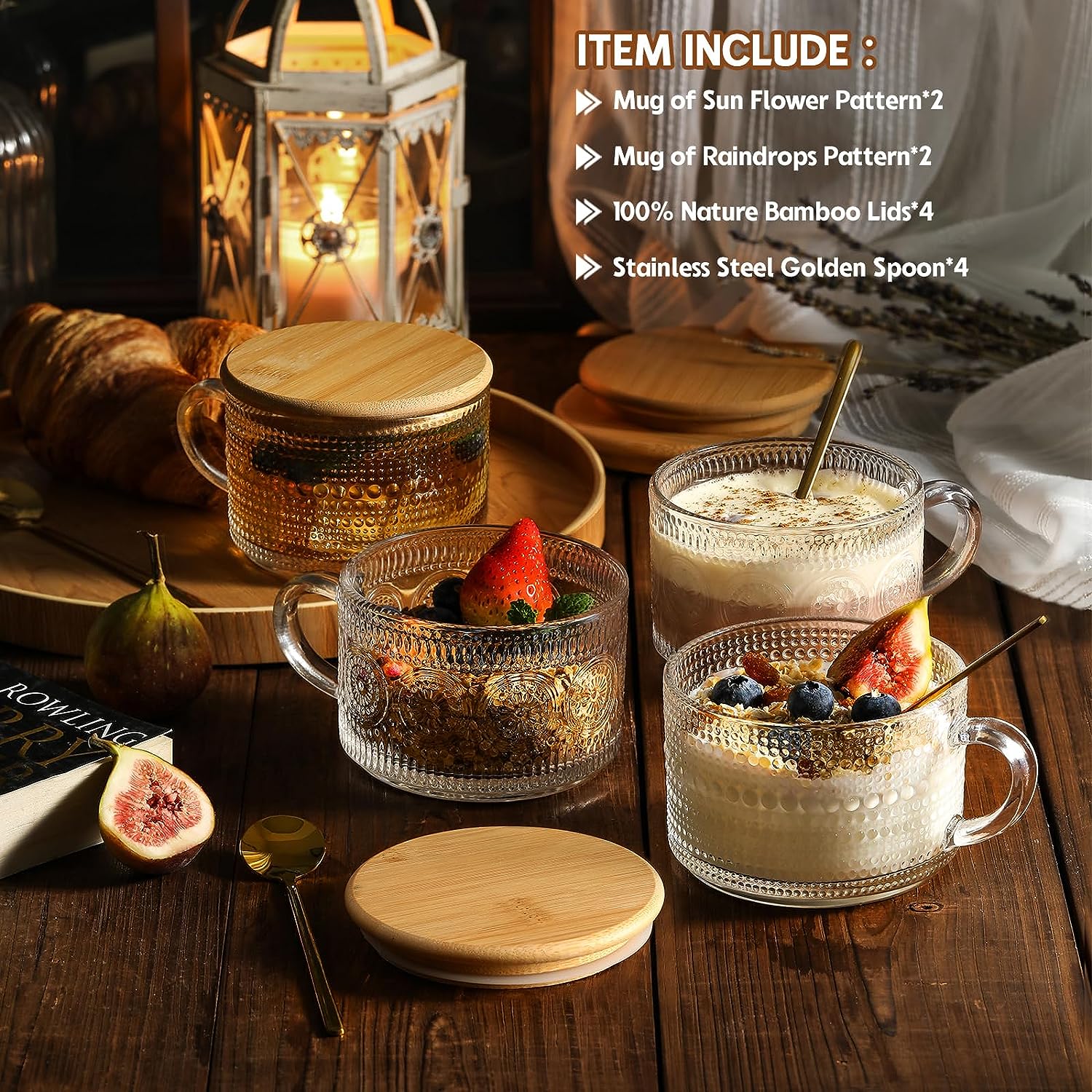 4pcs Set Vintage Coffee Mugs gifts for women, Overnight Oats Containers with Bamboo Lids and Spoons - 14oz Clear