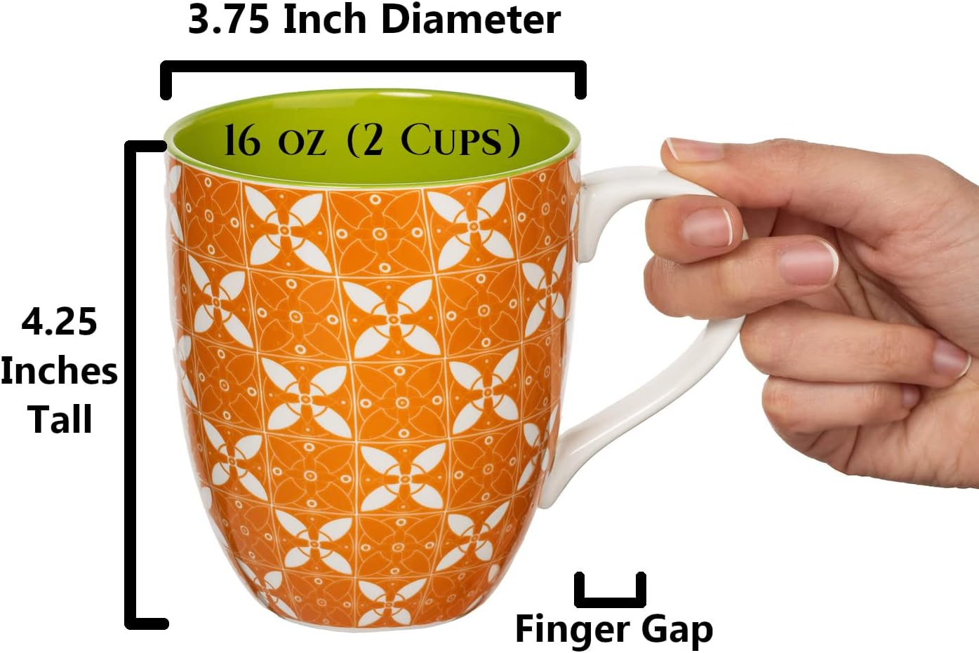 Set of 6 Modern Colorful Cute Porcelain Mugs/Cups with Large Handle,  16 Fluid Ounce Capacity