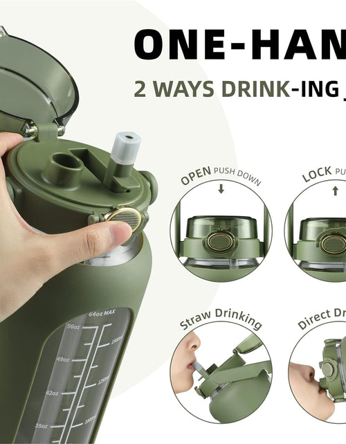 Load image into Gallery viewer, 74oz Glass Water Bottle with Straw 2.2L Large Gallon Motivational Water Bottle with Handle and Time Marker, Olive
