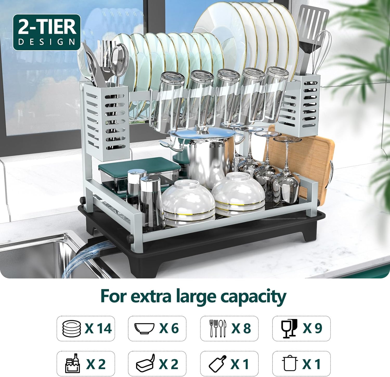 2 Tier Dish Racks for Kitchen Counter, Large Dish Drying Rack with Drainboard & Utensil Holders, Gray