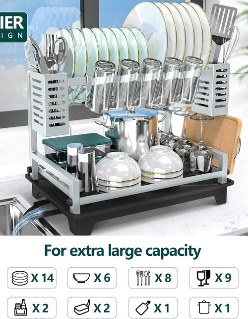 Load image into Gallery viewer, 2 Tier Dish Racks for Kitchen Counter, Large Dish Drying Rack with Drainboard &amp; Utensil Holders, Gray
