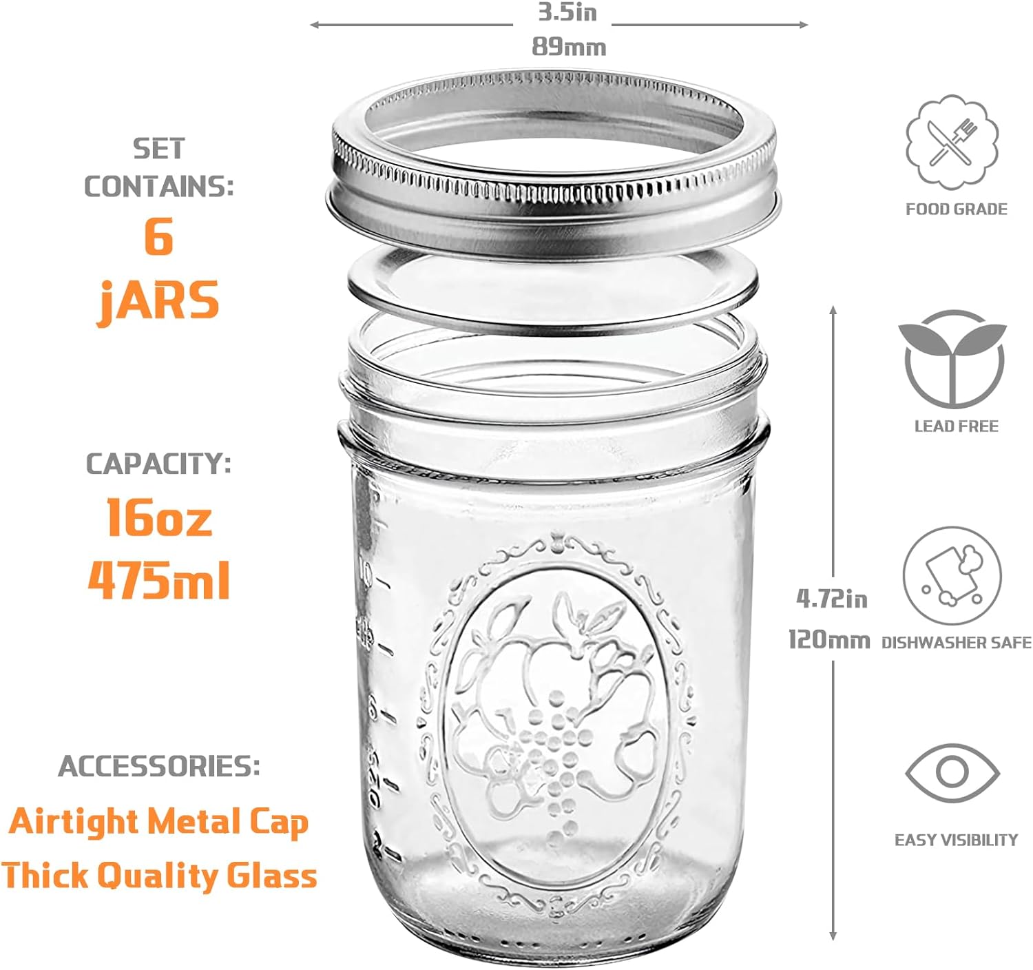 6 Pack Glass Mason Canning Jars with Metal Airtight Lids and Bands Containers for Fruit Storage,16 oz