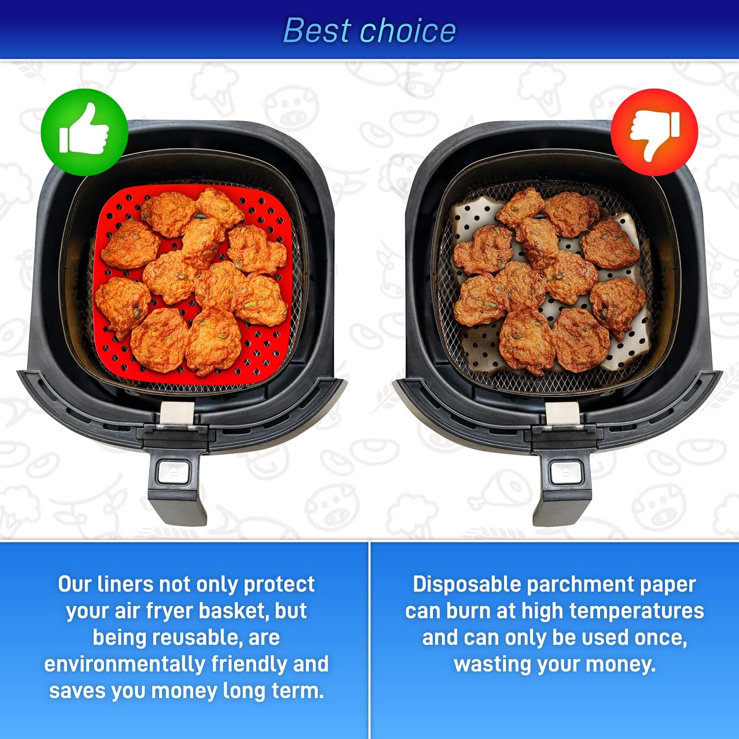 Reusable Silicone Air Fryer Liners with Air Fryer Magnetic Cheat Sheet, Easy Clean Air Fryer Accessories