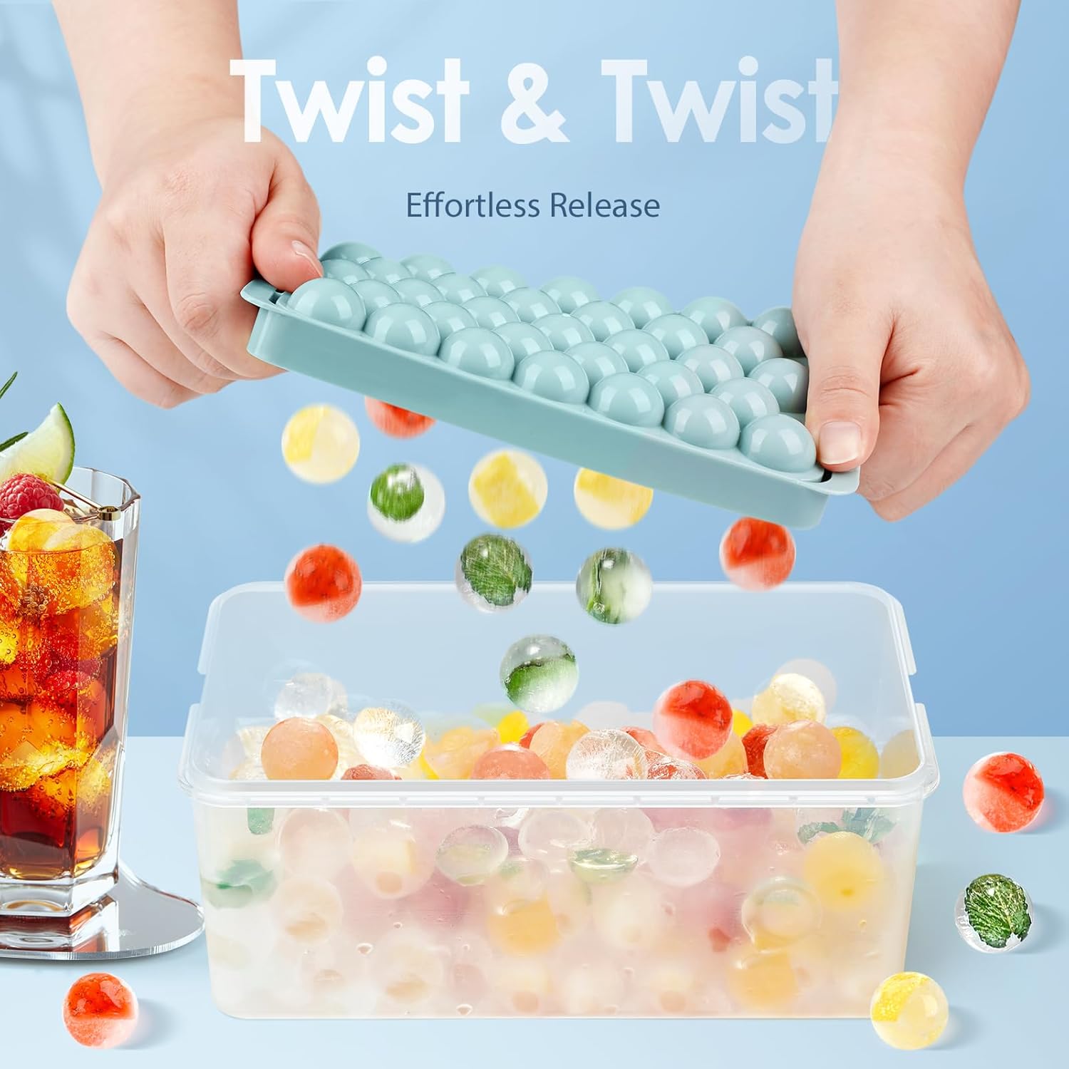 Ice Cube Tray for Freezer with Lid & Bin, 0.8"x66 Round Ice Cube Mold with Container (2 Trays 1 Ice Bucket & Scoop)