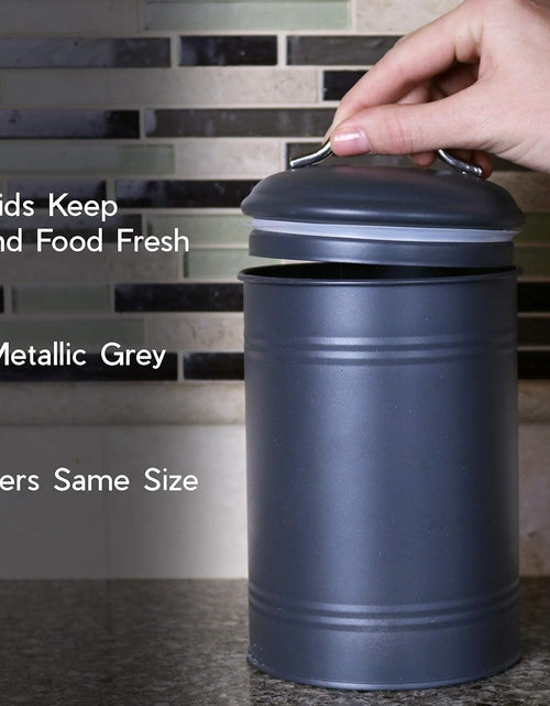 Load image into Gallery viewer, Set of 3 for Countertop Storage of Coffee, Food, Charcoal Grey Metal (8 Inches High with Lids, 4.5 Inches Diameter)
