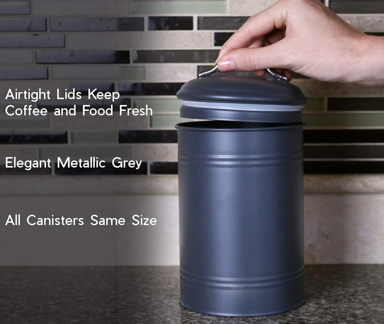 Set of 3 for Countertop Storage of Coffee, Food, Charcoal Grey Metal (8 Inches High with Lids, 4.5 Inches Diameter)