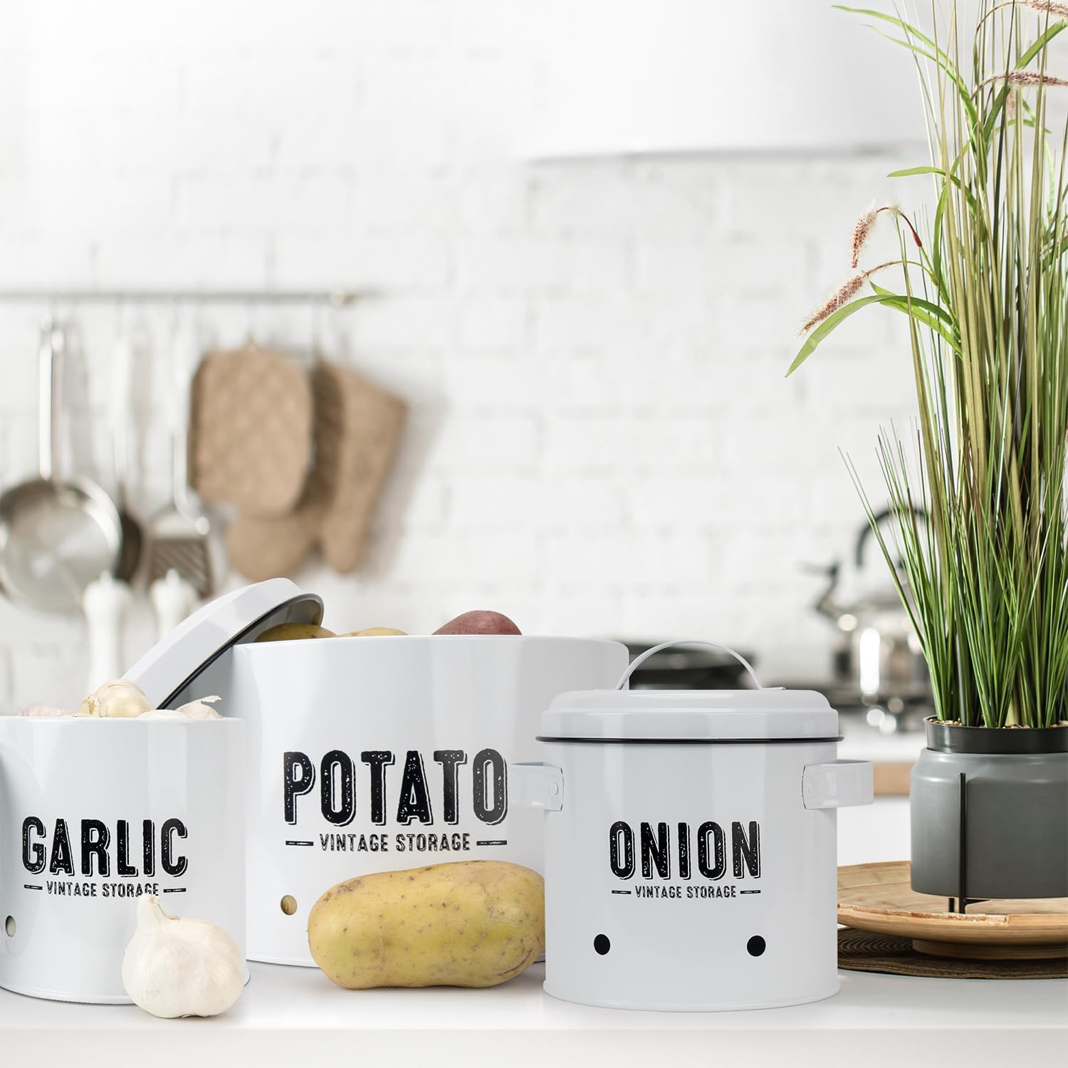 Potato Storage For Pantry, Canister Sets for the Kitchen Counter, Potatoes Storage, White