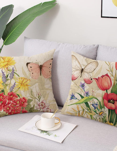 Load image into Gallery viewer, Set of 4 Decorative Spring Pillow Covers Linen Flower Butterfly Farmhouse Pillowcases, 18 x 18
