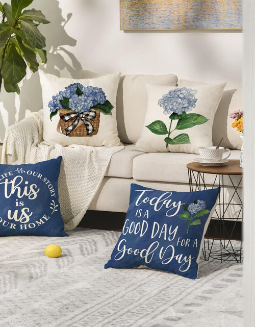 Load image into Gallery viewer, Blue Hydrangea Spring Summer Throw Pillow Covers, 18 x 18 Inch Today is A Good Day, Set of 4
