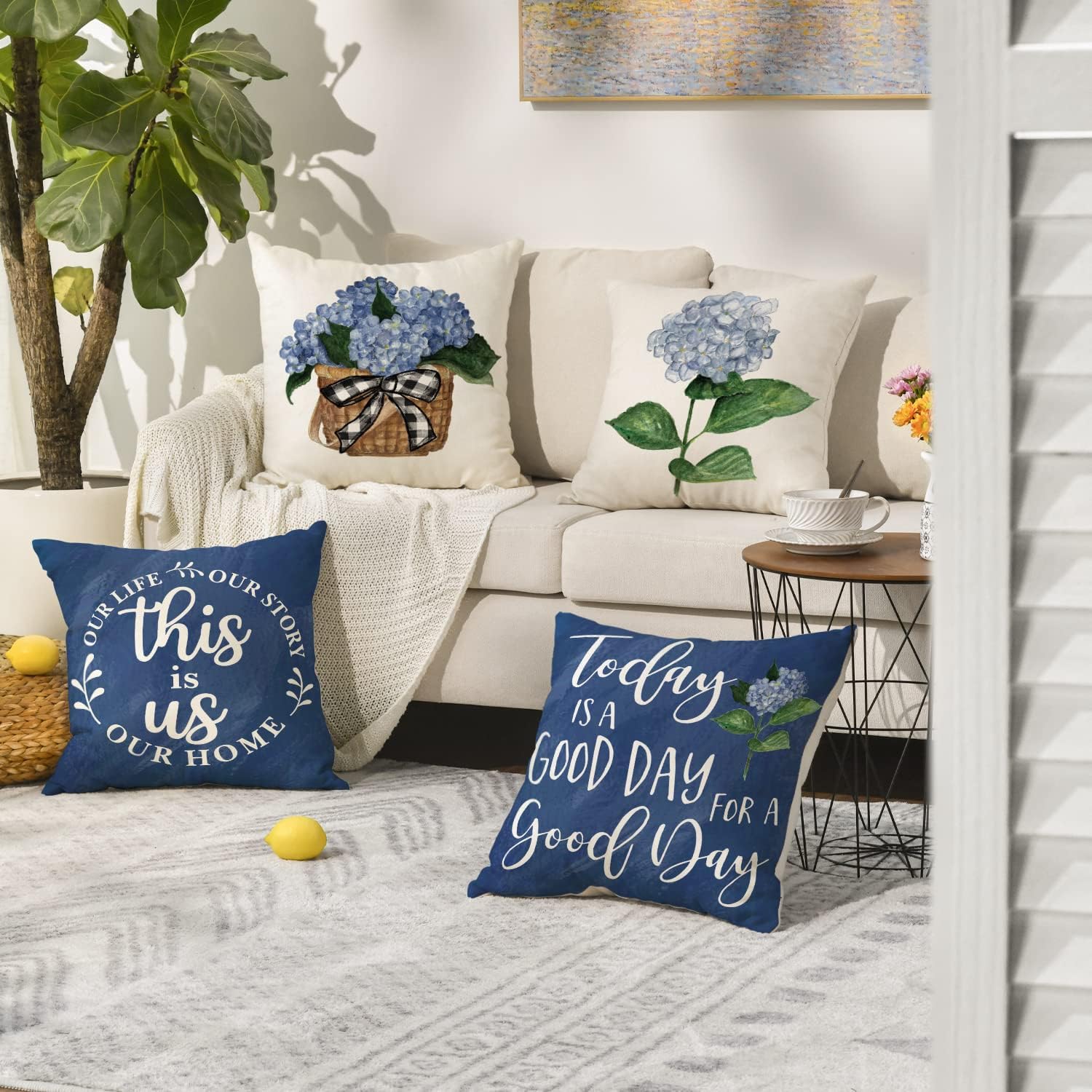 Blue Hydrangea Spring Summer Throw Pillow Covers, 18 x 18 Inch Today is A Good Day, Set of 4