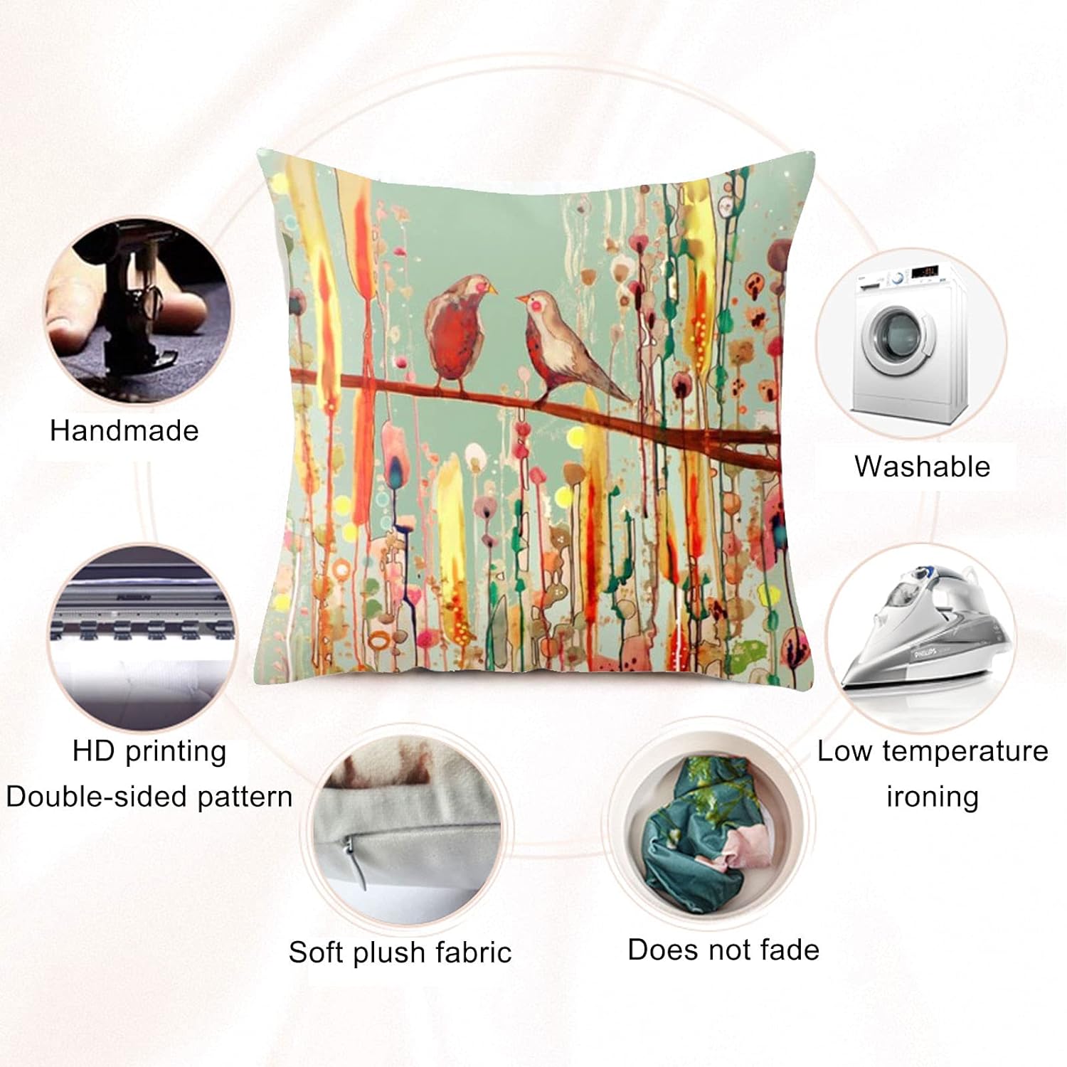 Modern Decoration Throw Pillow Covers 18x18 Set of 4 Retro Bird Flowers Throw Pillowcovers