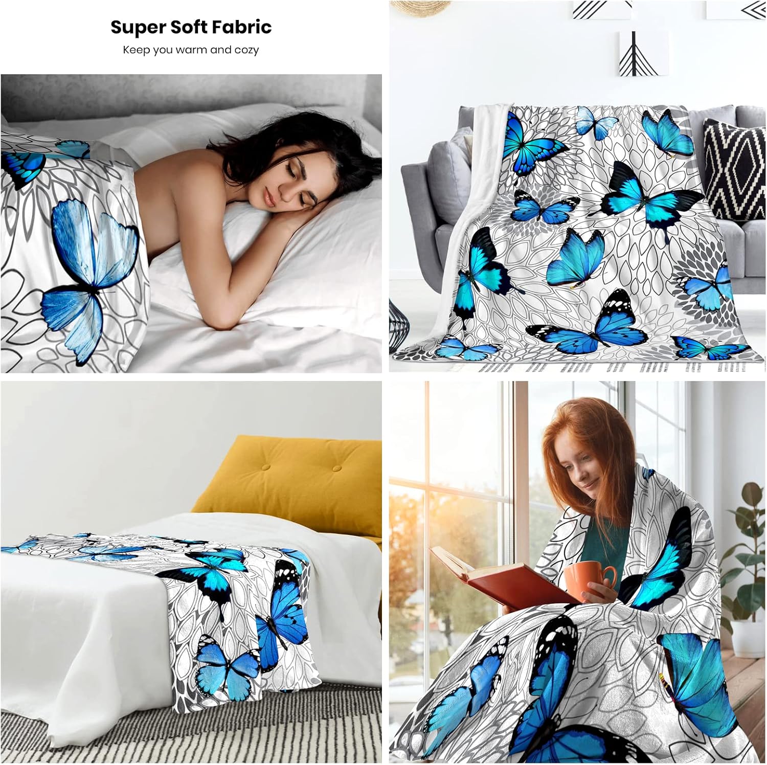 Beautiful Blue Butterfly Throw Blanket Ultra Soft Flannel Butterflies Blanket Gifts for Kids Adults 50"X40"
