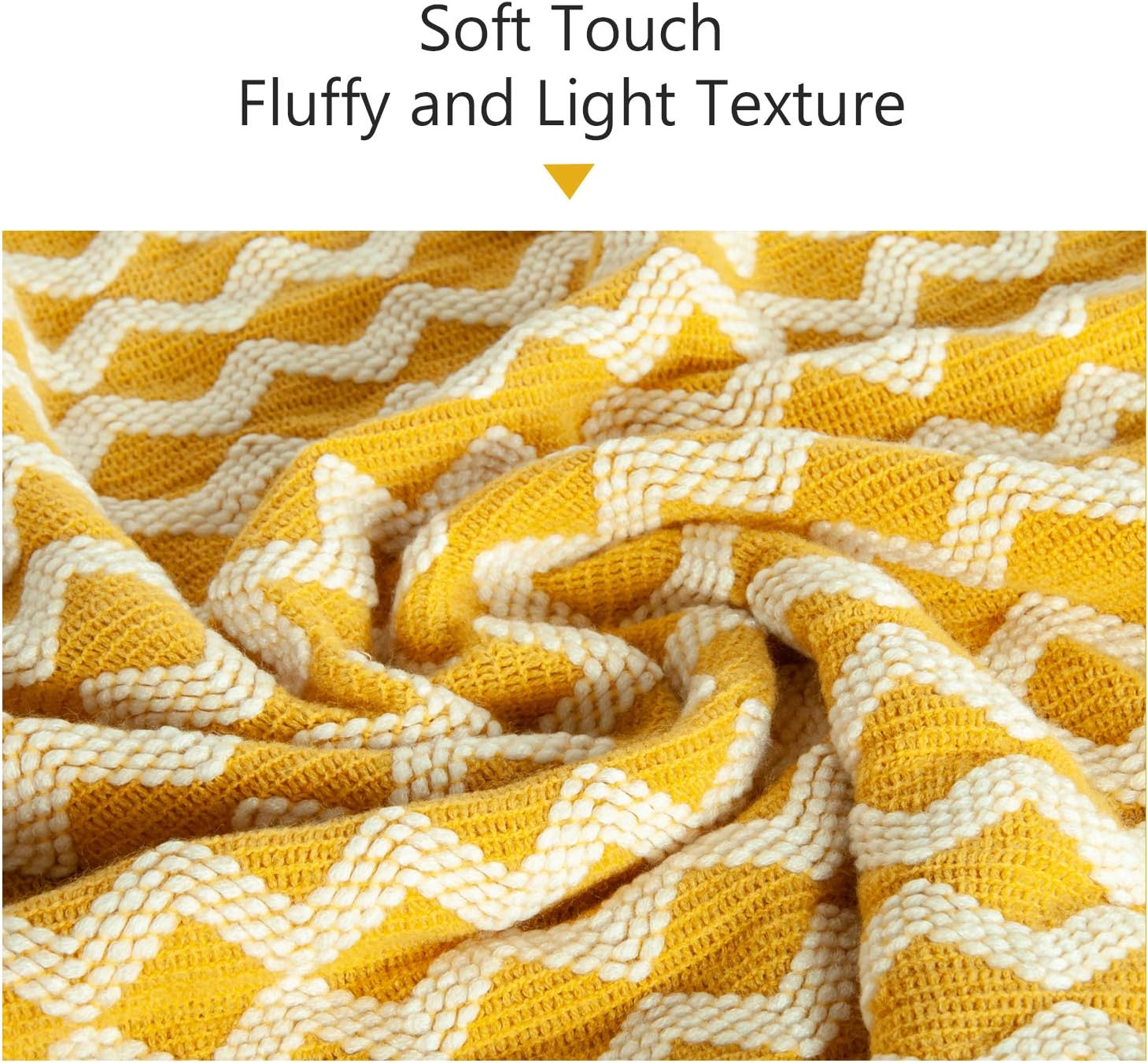 Acrylic Knitted Throw Blanket, Lightweight and Soft Cozy Decorative Woven Blanket with Tassels, 51x67 Inches, Mustard Yellow
