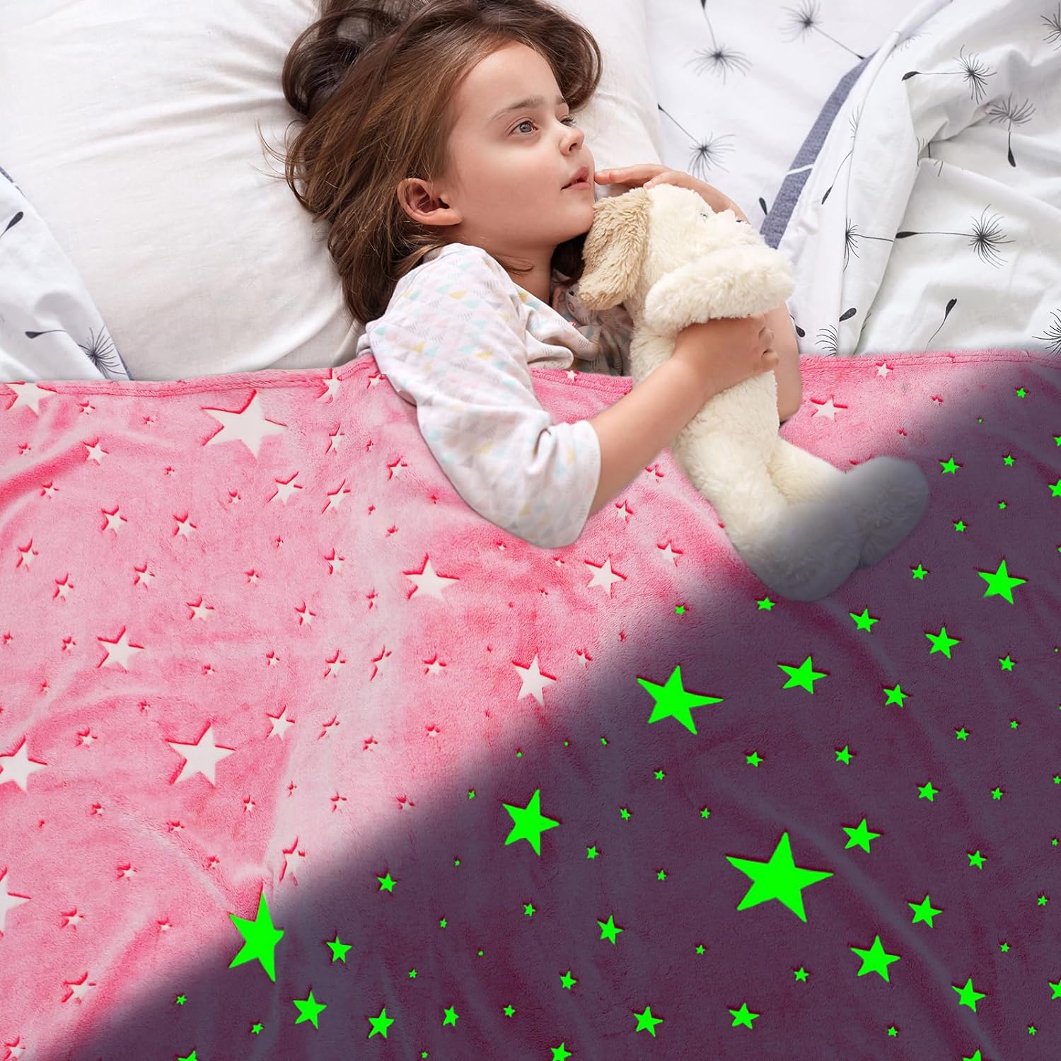 Glow in The Dark Blanket Girls Pink Star Blanket Fleece Blanket, Pink Star