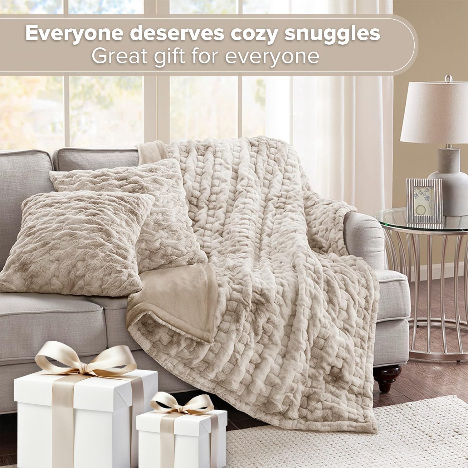 Faux Fur Plush Throw Blanket Set with 2 Matching Square Pillow Covers, Tan Tie Dye 50"x 60"
