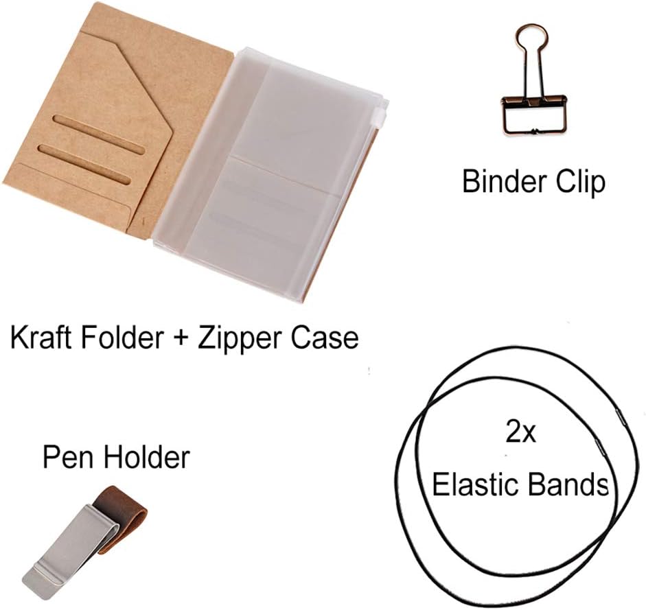 Passport Size Travelers Notebook Accessories Kit - Kraft File Folder, Zipper Case, Pen Holder,