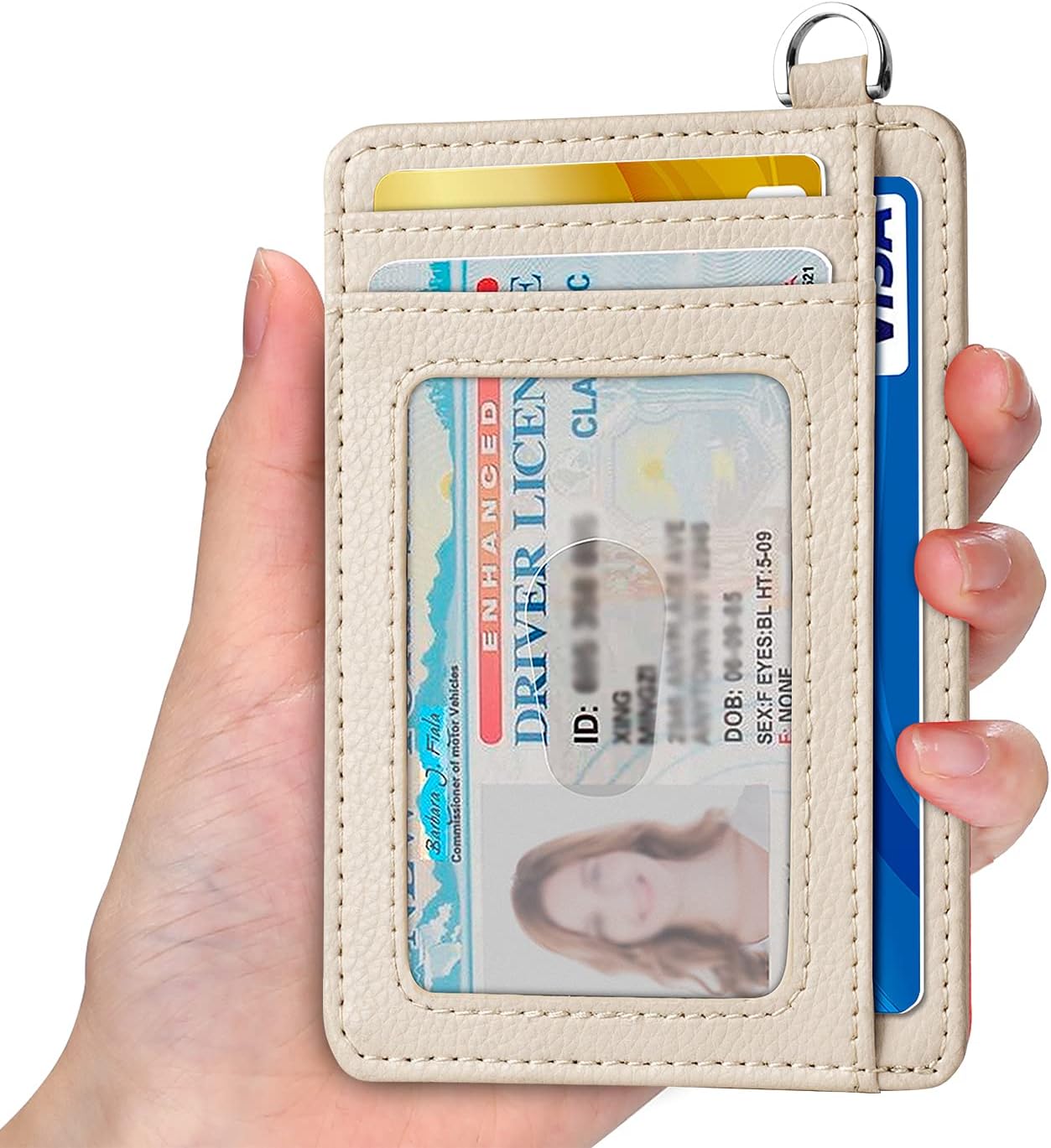 Slim Minimalist Front Pocket Wallet, RFID Blocking Credit Card Holder Wallet with Detachable D-Shackle, Beige
