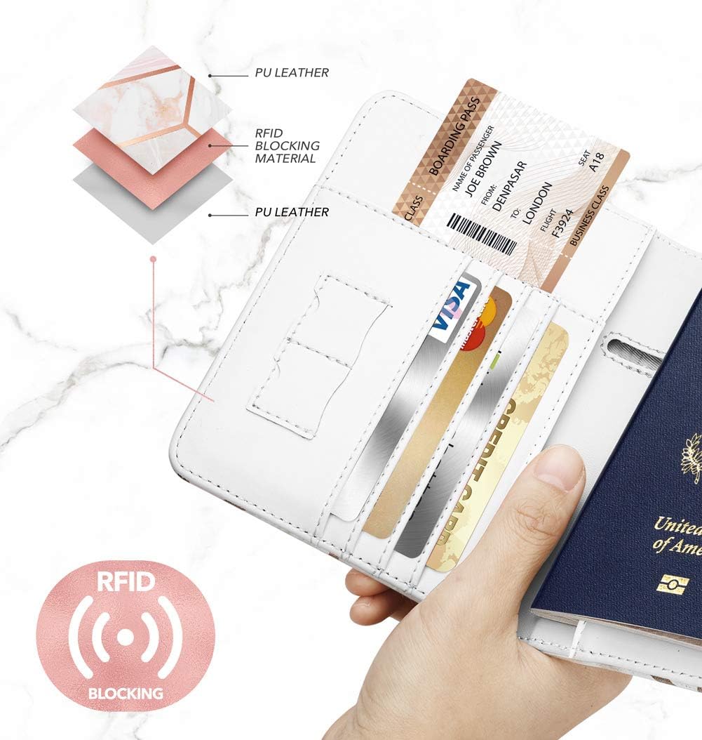 Passport Holder Cover, [Updated Version] Leather RFID Blocking Travel Wallet Case for Men & Women (Marble)