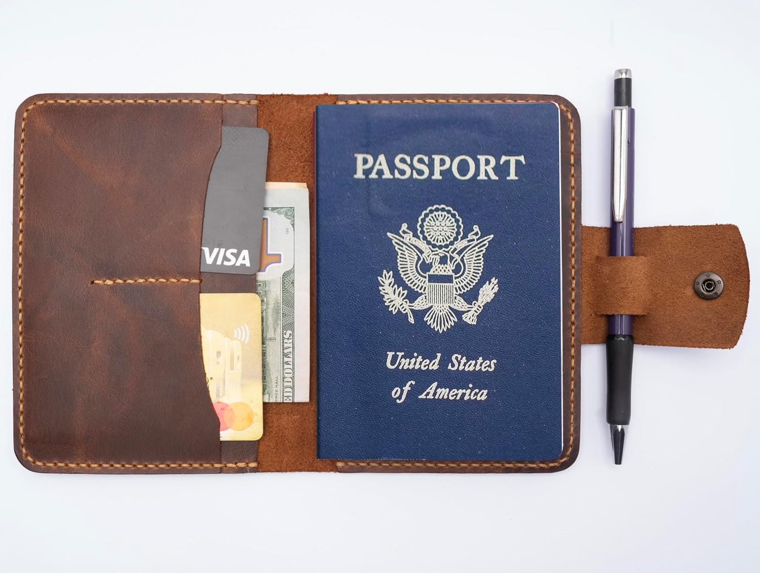 Handmade Passport Leather Case, Wallet Credit Card Holder (Dark Brown)