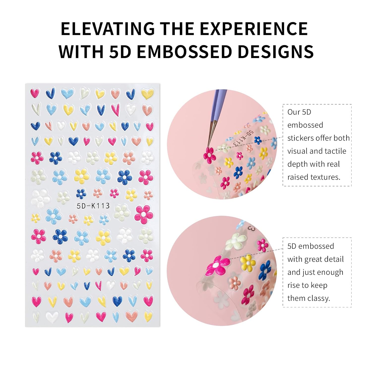 Flower Floral 5D Embossed Nail Decals Nail Art Design Self Adhesive Nail Supplies with Nail Tweezer