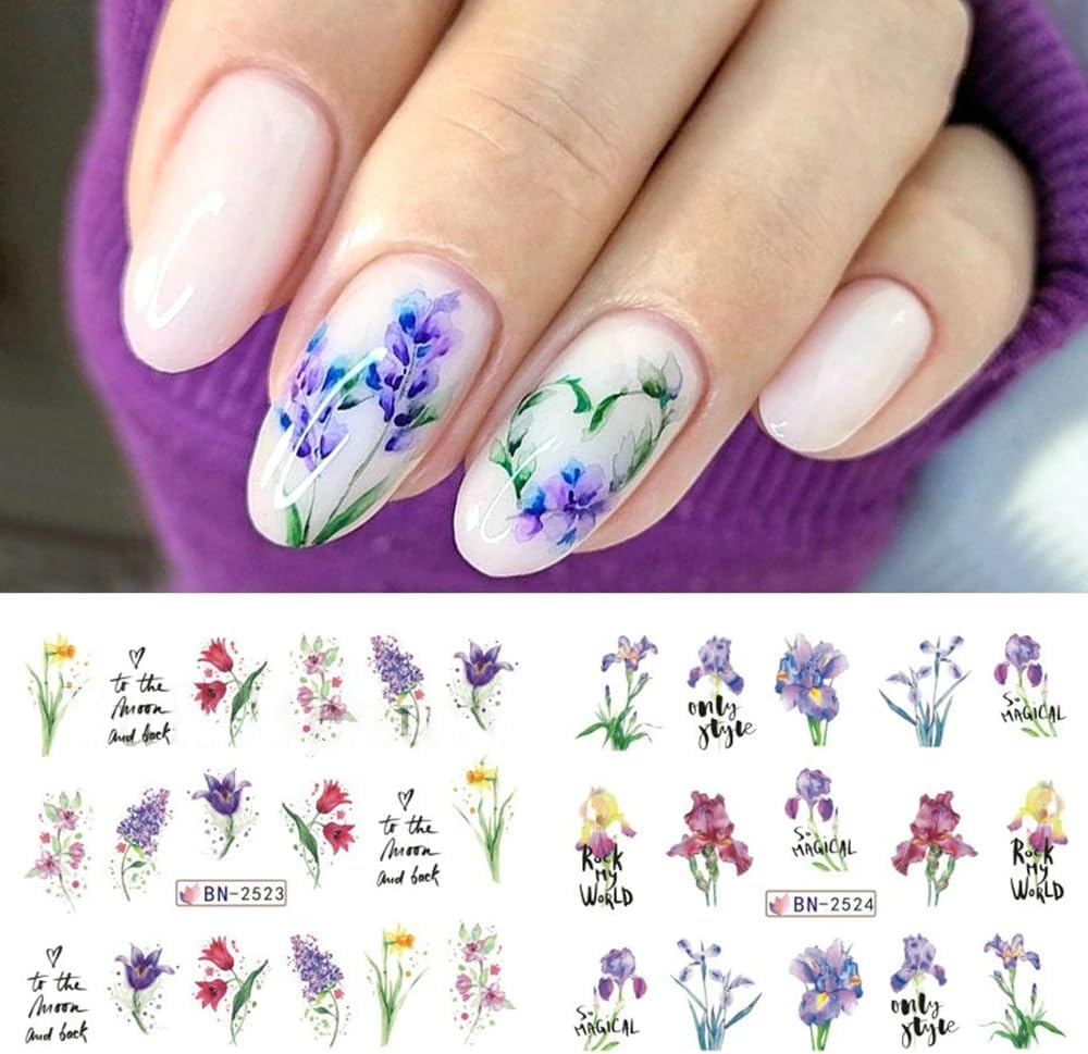 Flower Nail Decals Water Transfer Nail Art Supplies Summer Lily Orchid Butterfly, 12 Sheets