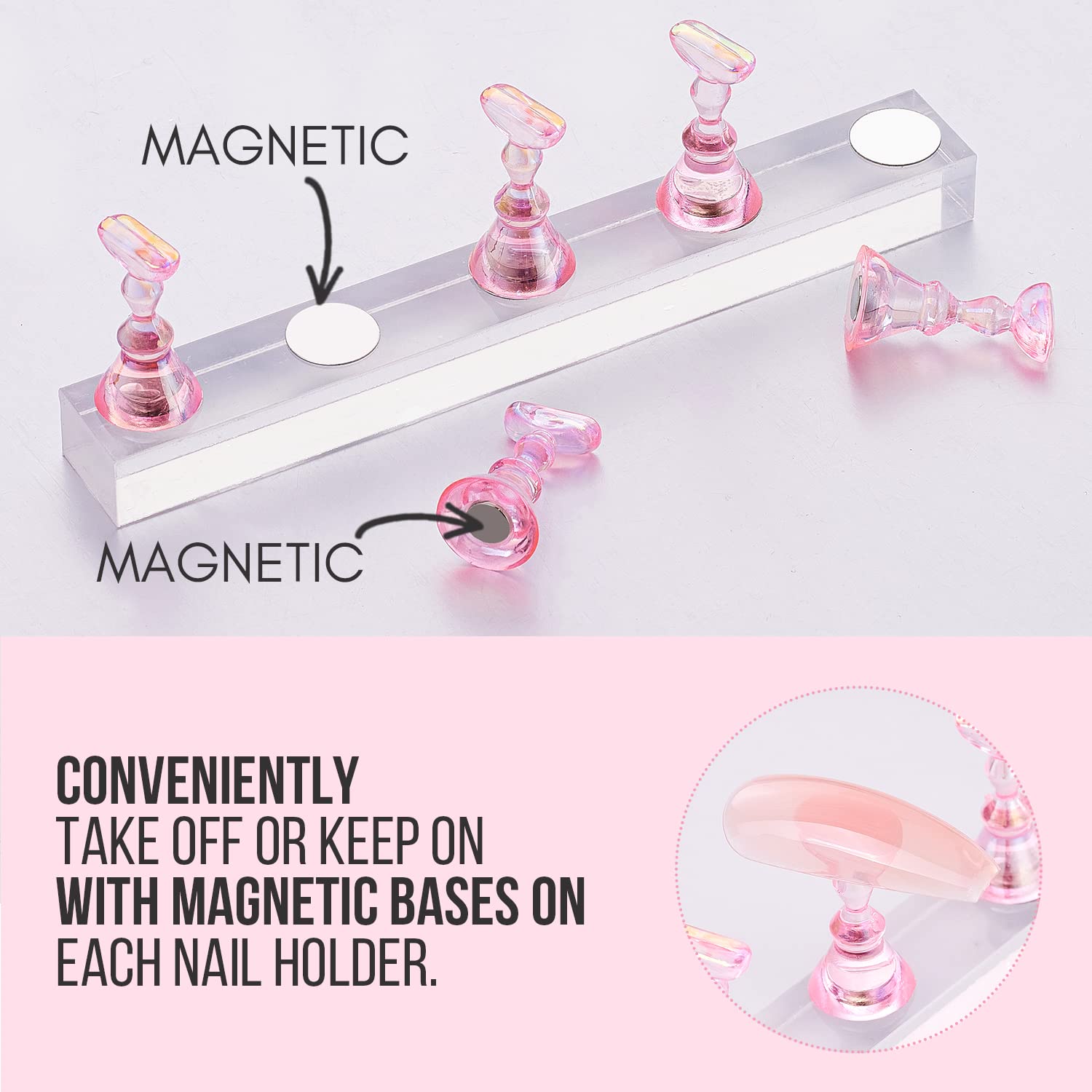 Nail Stand for Press On Nails Display Practice Art Magnetic Fake Nail Holder, Clear/Pink