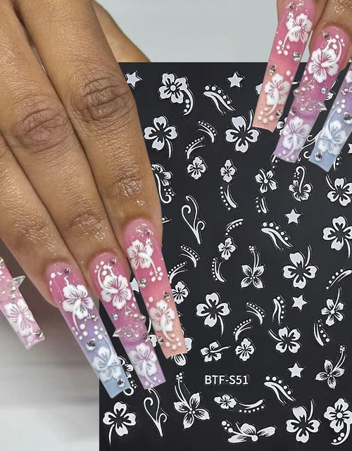 Load image into Gallery viewer, Hibiscus Nail Decals 3D Self-Adhesive White Pink Gold Flower Pattern, 6 Sheets

