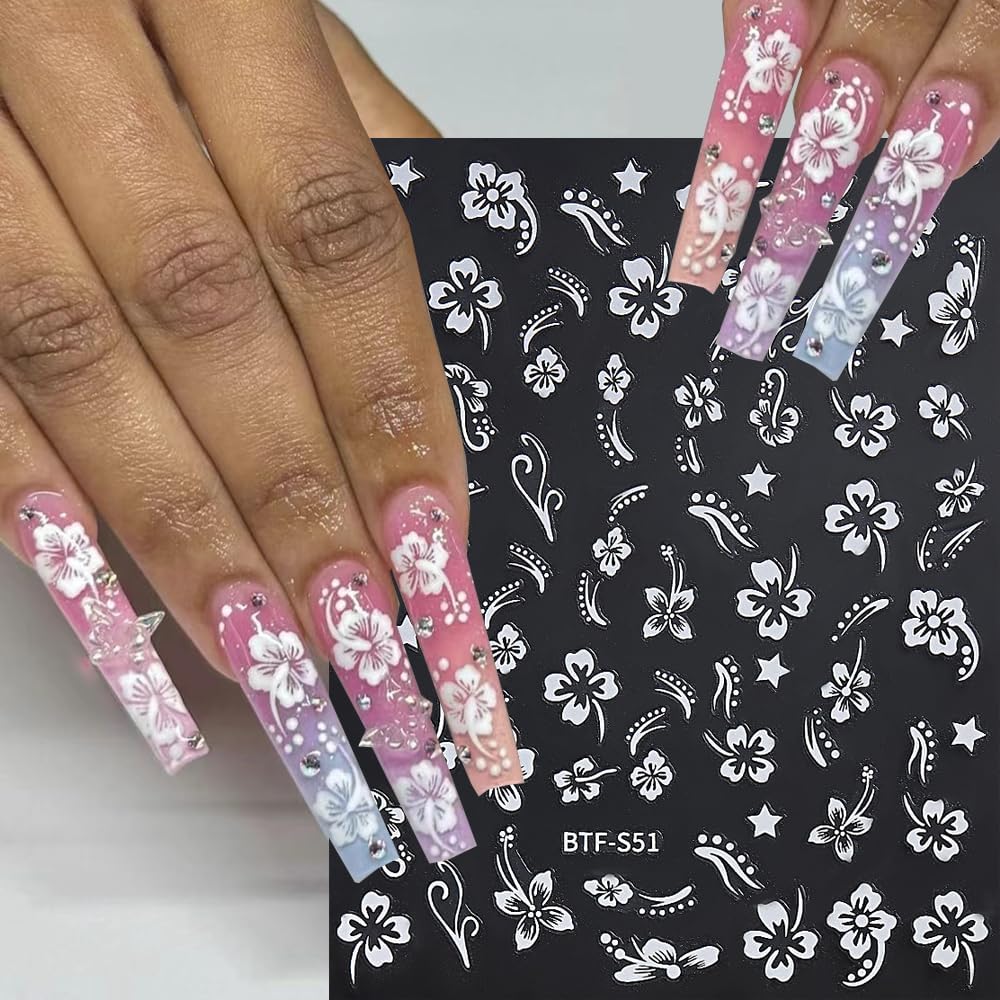 Hibiscus Nail Decals 3D Self-Adhesive White Pink Gold Flower Pattern, 6 Sheets