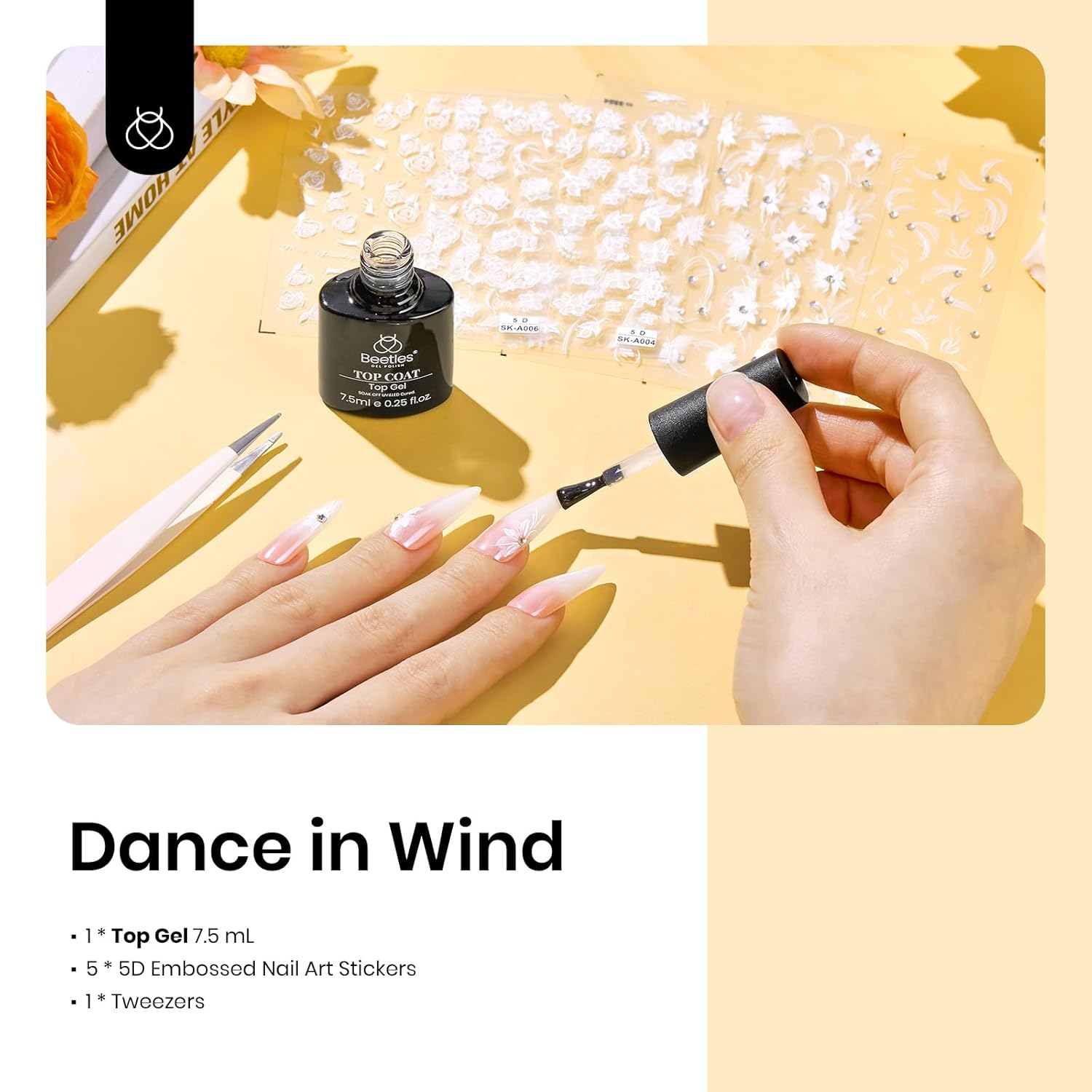 Gel Top Coat With 6 Pcs Nail Stickers for Nail Art, 5D Rhinestones Sticker Spring Embossed White Flower Design