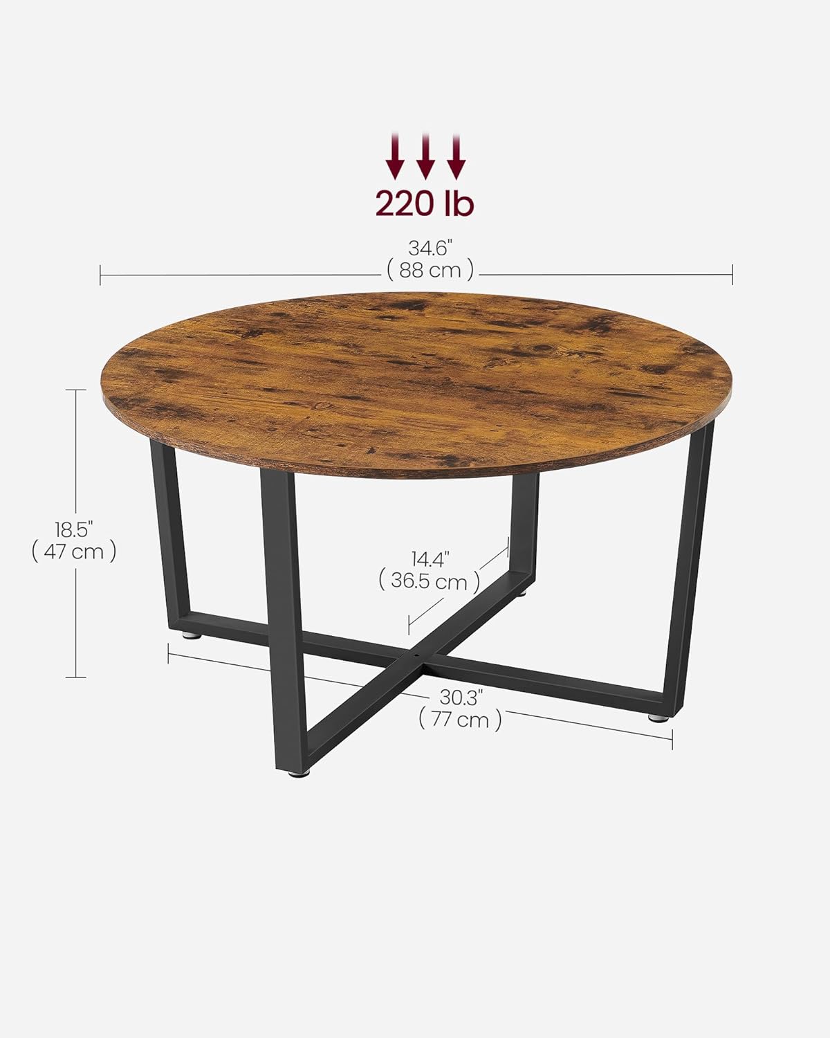 Coffee Table - Distressed Gray Oak Finish, Round, Black Metal Frame, Beige, Wood, Rustic