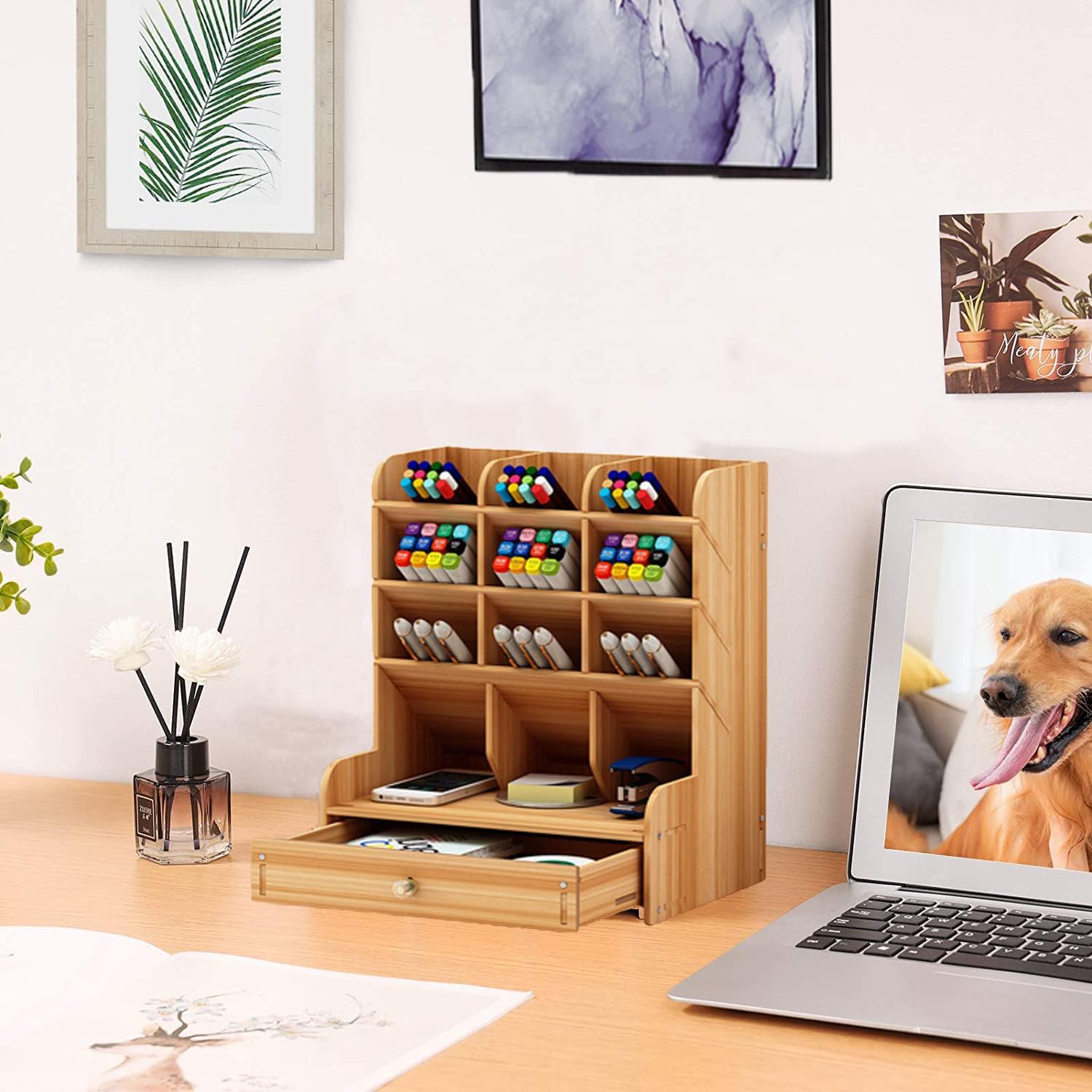 Wooden Desk Organizer, Multi-Functional DIY Pen Holder Storage Box Desktop Stationary