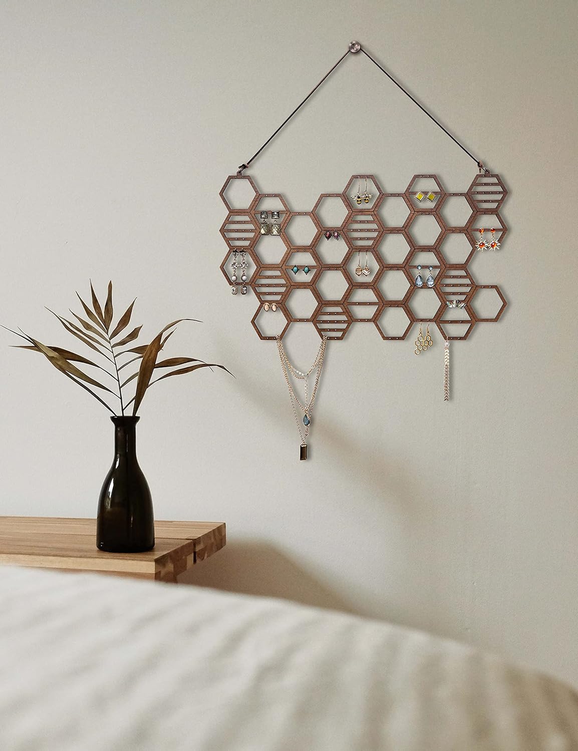 Hanging Holder Organizer Wall Display Jewelry for Stud Earrings Necklaces (Walnut)