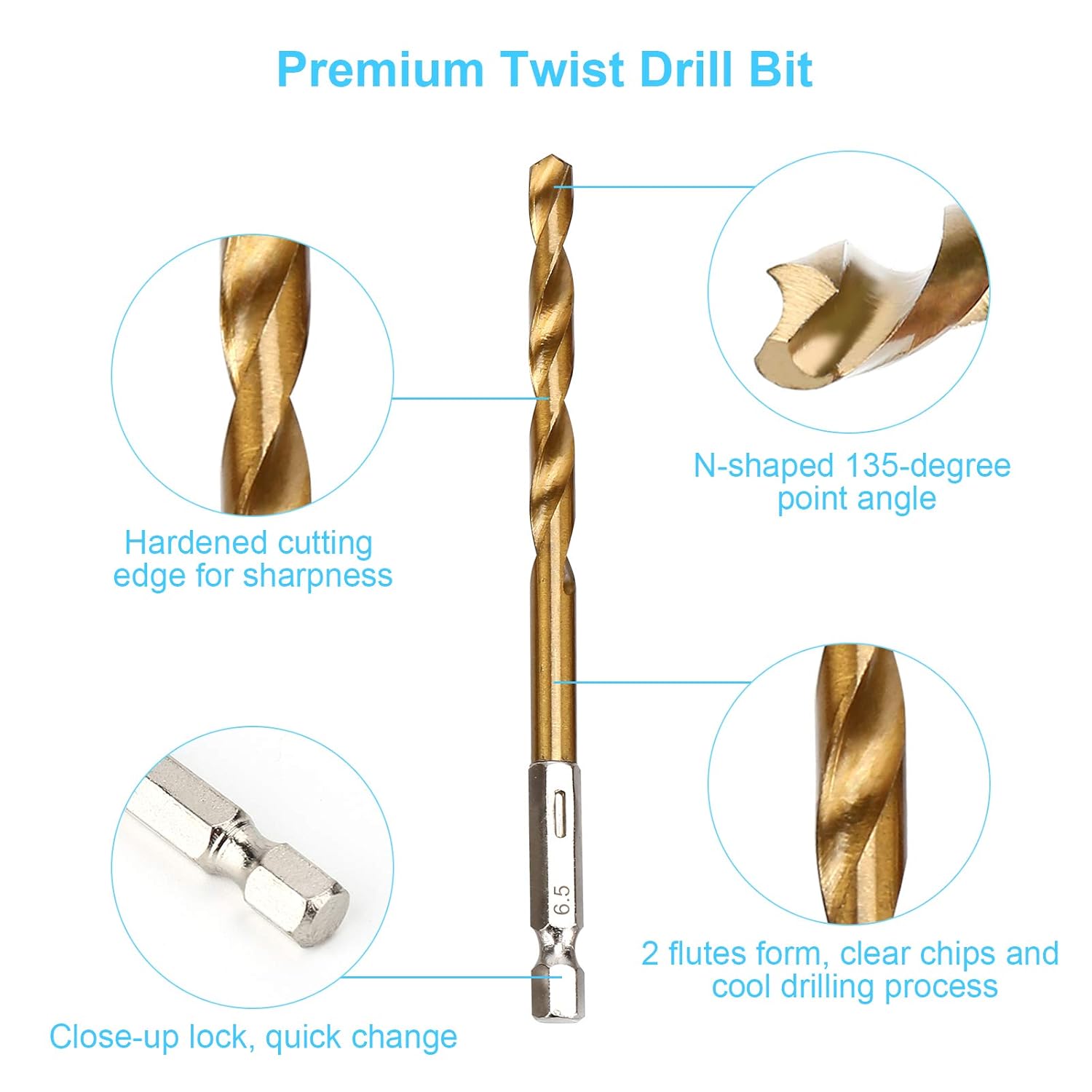 19PCS Premium Hex Drill Bit Set, Titanium Drill Bits Set 1/16"-1/4"