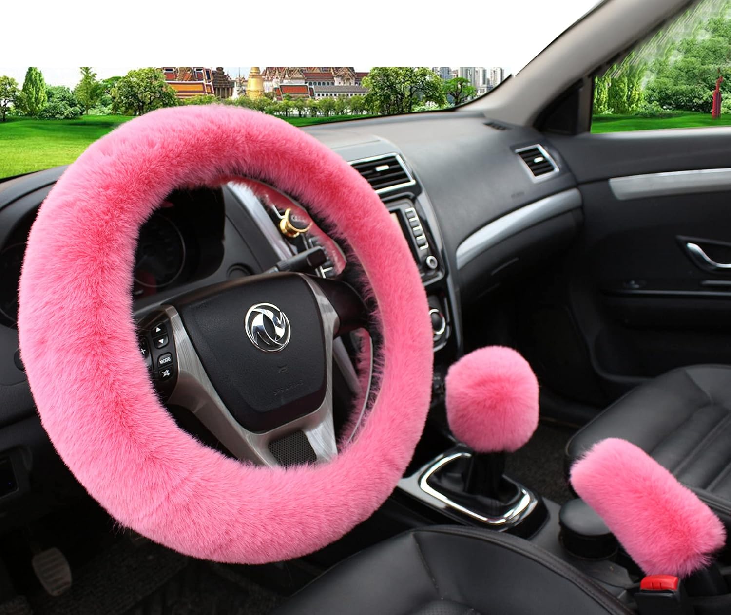 6pcs/Set Soft Fluffy Faux Wool Steering Wheel Cover & Seatbelt Shoulder