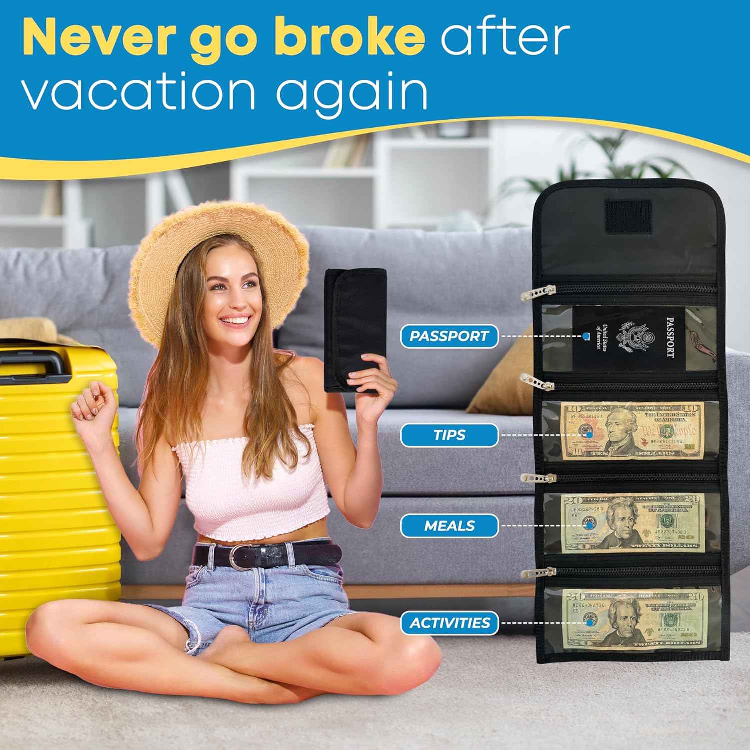 Money Organizer, Cash Wallet with 4 Zipper Slots - Money Organizer for Budget