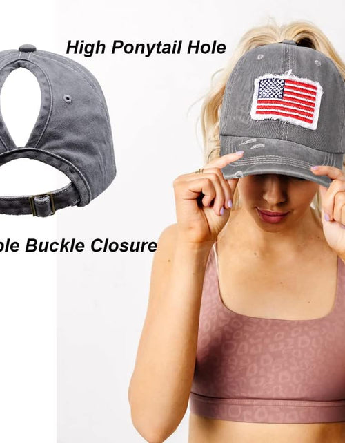 Load image into Gallery viewer, Ponytail Hat for Women American-Flag Pony Tail Caps High Bun
