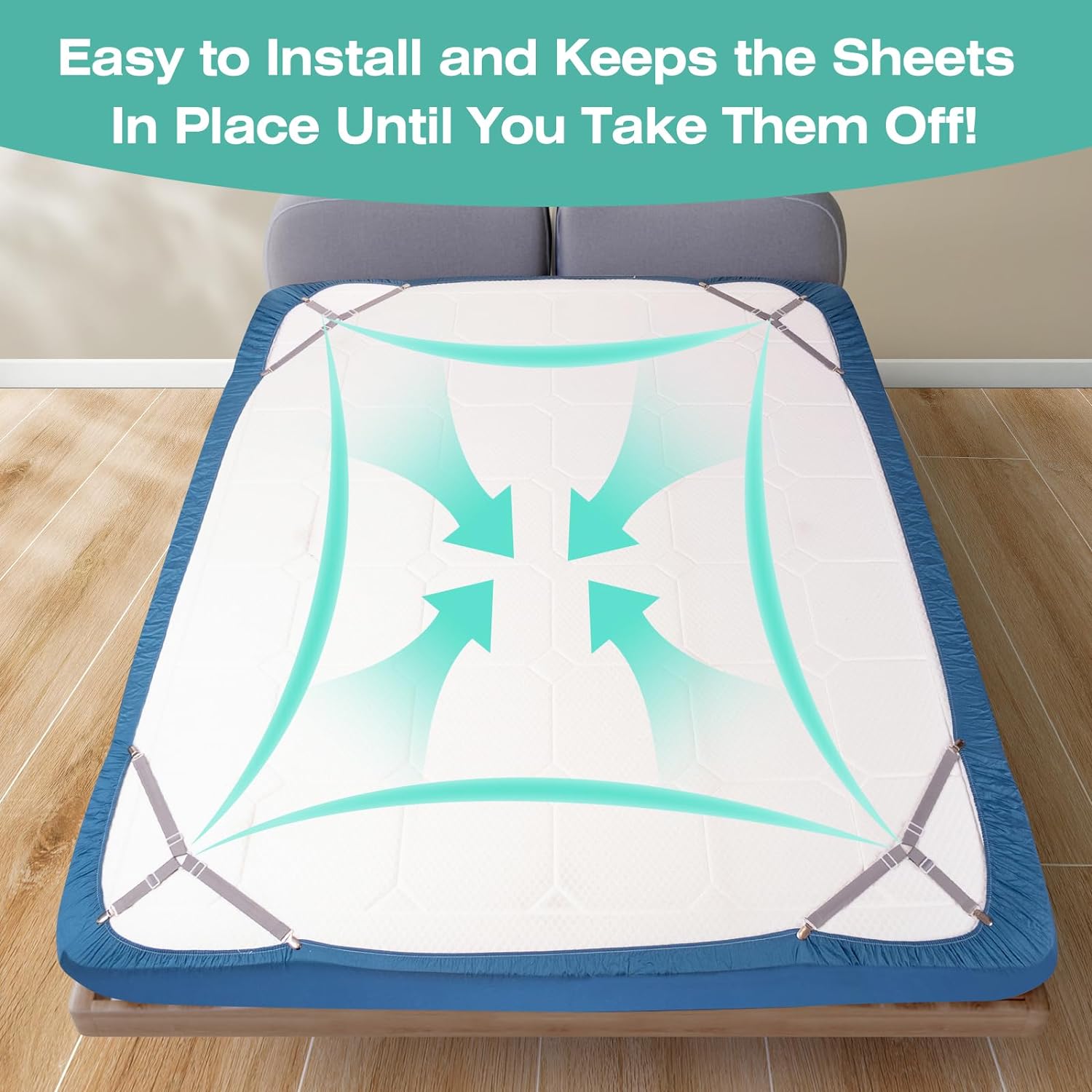 Bed Sheet Straps, Easy to Install Sheet Straps, Fitted Sheet Clips, Adjustable Sheet Fasteners (Gray-4 Pcs)