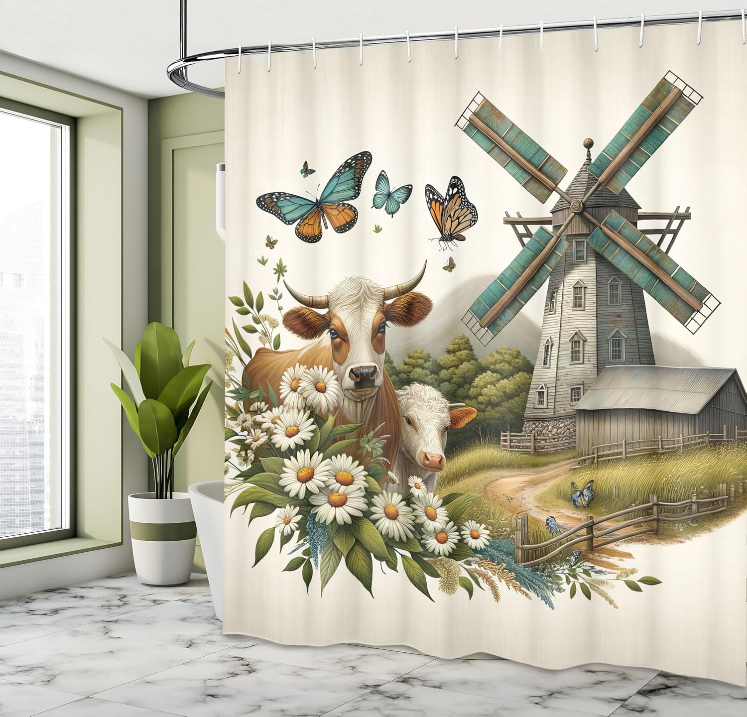 Farmhouse Shower Curtain, Windmill Barn Cottage Cows Butterflies and Daisies Countryside View,  69" W x 70" L, Green Turquoise Cinnamon