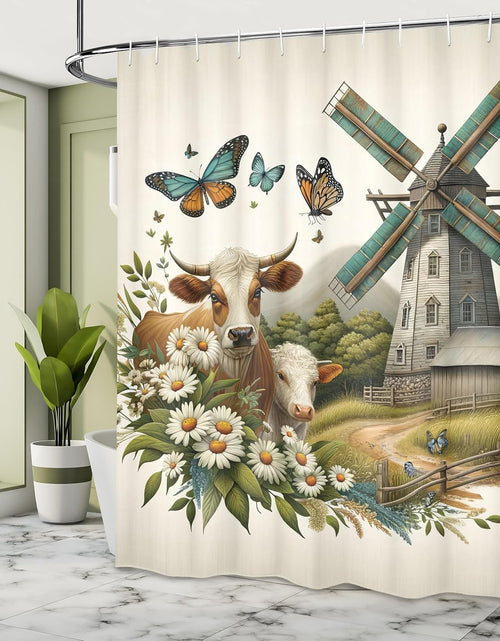 Load image into Gallery viewer, Farmhouse Shower Curtain, Windmill Barn Cottage Cows Butterflies and Daisies Countryside View,  69" W x 70" L, Green Turquoise Cinnamon
