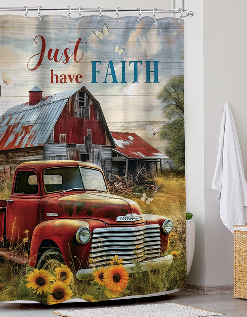 Load image into Gallery viewer, Rustic Farmhouse Shower Curtain 60Wx72L Inches Retro Red Truck Positive Quote Vintage Sunflowers
