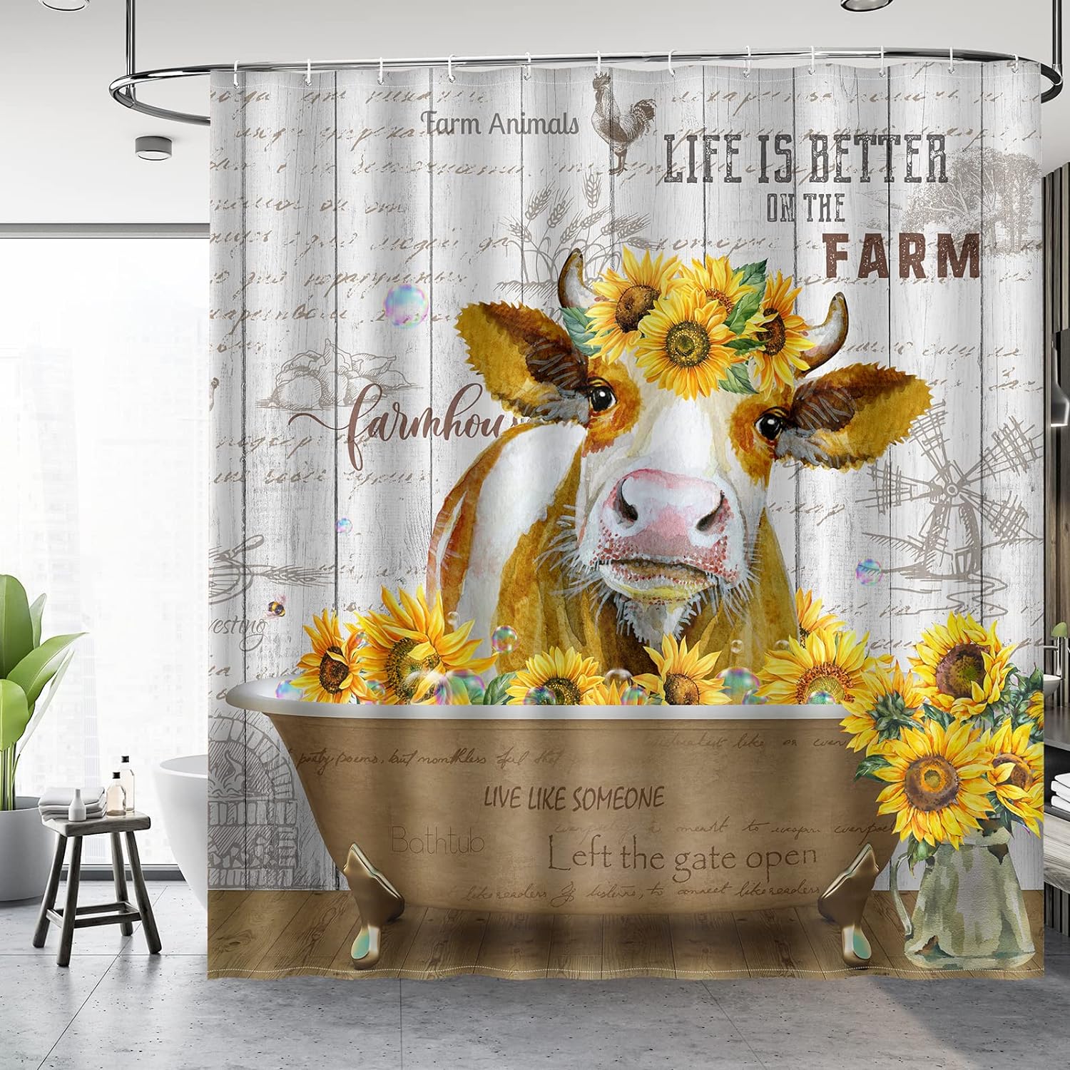Cow Sunflower Shower Curtain Funny Cute Farm Animal Rustic Wooden Country Farmhouse, 72"x72"
