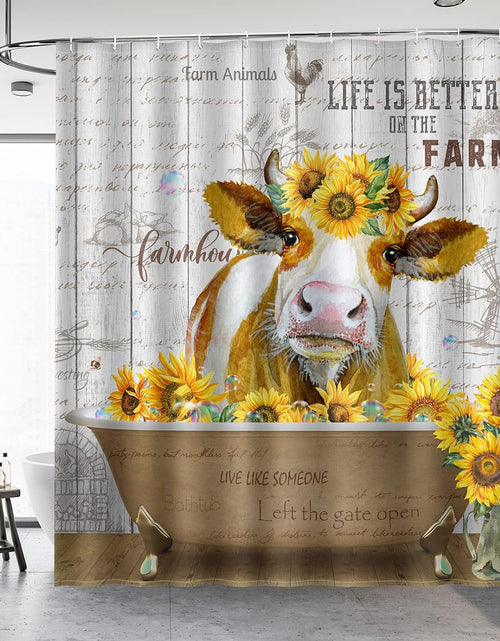 Load image into Gallery viewer, Cow Sunflower Shower Curtain Funny Cute Farm Animal Rustic Wooden Country Farmhouse, 72&quot;x72&quot;
