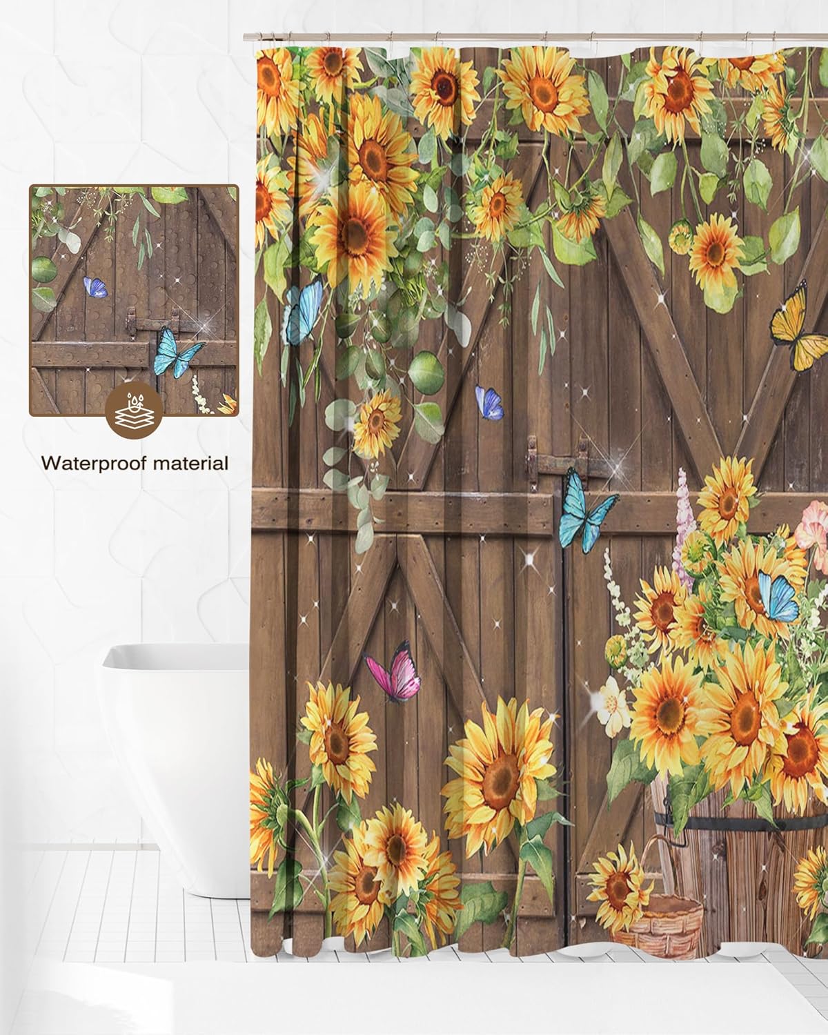 Sunflower Shower Curtain Vintage Farmhouse Barn Door Decor Curtain for Bathroom, 72x72 Inches