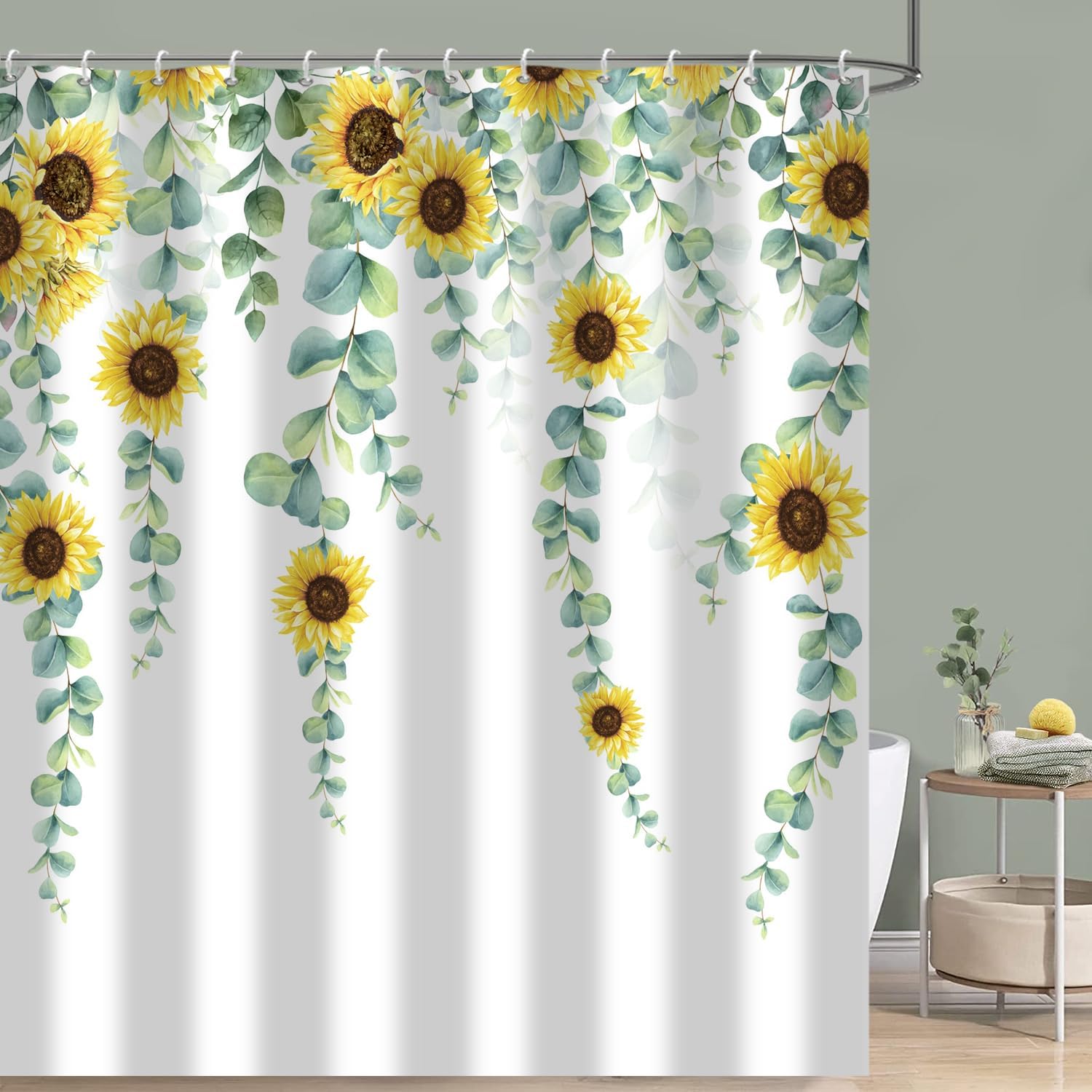 Eucalyptus Sunflower Shower Curtain Sage Green Spring Watercolor Leaves Farmhouse Decor, 72"x72"