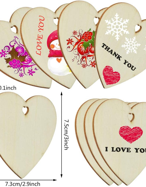 Load image into Gallery viewer, 50 Pieces 3&quot; Natural Heart Wood Slices, DIY Wooden Ornaments Unfinished Predrilled Wooden Heart Embellishments with Natural Twine

