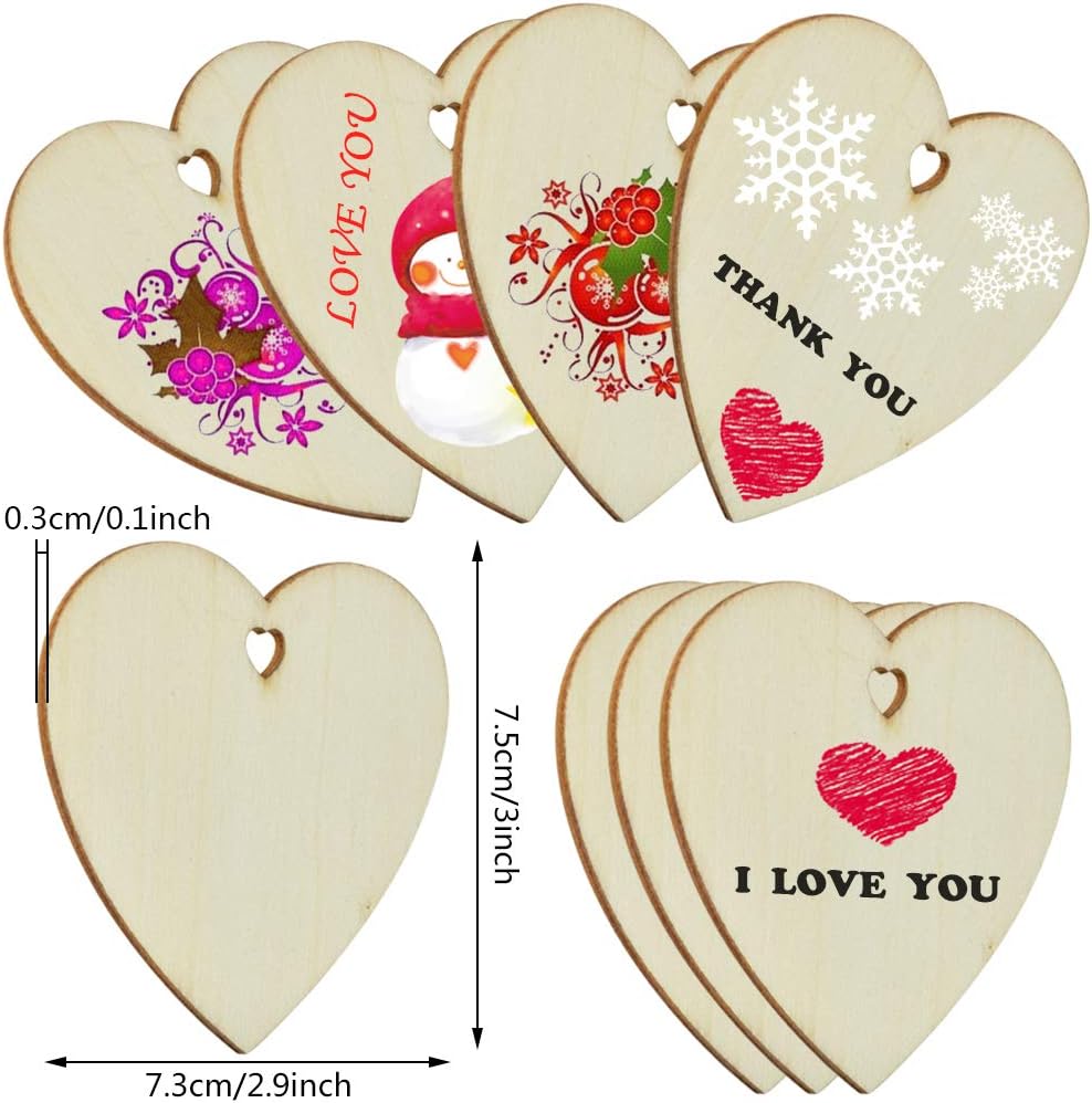 50 Pieces 3" Natural Heart Wood Slices, DIY Wooden Ornaments Unfinished Predrilled Wooden Heart Embellishments with Natural Twine