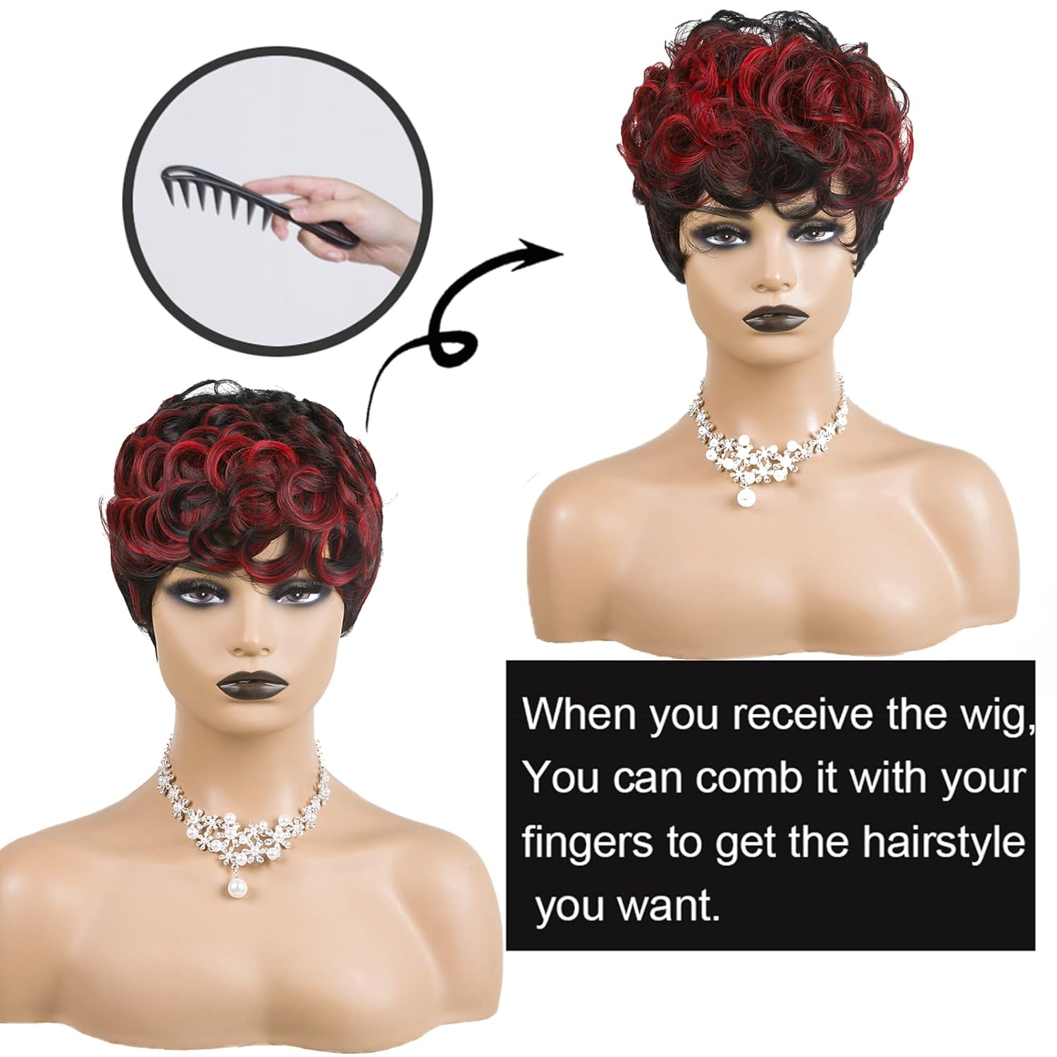Short Cut Wig Black Mixed With Red Curly Wigs Natural Black Mixed Red
