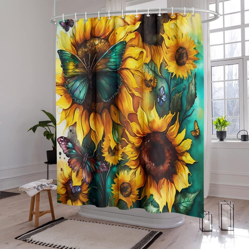 Big Yellow Sunflower Shower Curtain with Hooks Summer Waterproof Floral Decorative Bathroom Curtain Set, 72"x72" Seamless