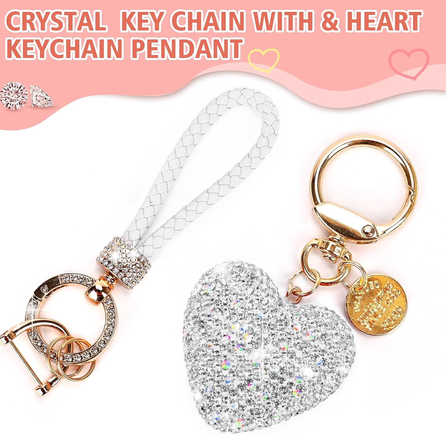 Car Keychain for Women with Rhinestone Heart Shape Bling Girl Cute Keychain, White